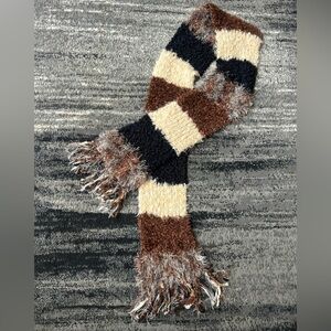CEJON Chenille Knitted Neutral Color Block Scarf With Fringe At Ends